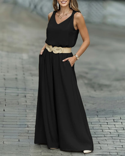 CHICME 2 Piece Outfits for Women Summer Sleeveless Twist Tank Top and Wide Leg Pant Sets Casual Travel Airport Outfits Flowy