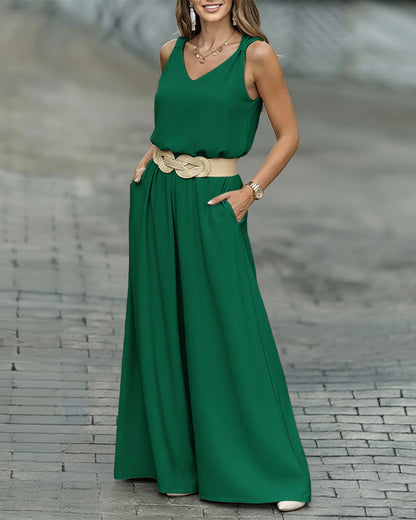 CHICME 2 Piece Outfits for Women Summer Sleeveless Twist Tank Top and Wide Leg Pant Sets Casual Travel Airport Outfits Flowy