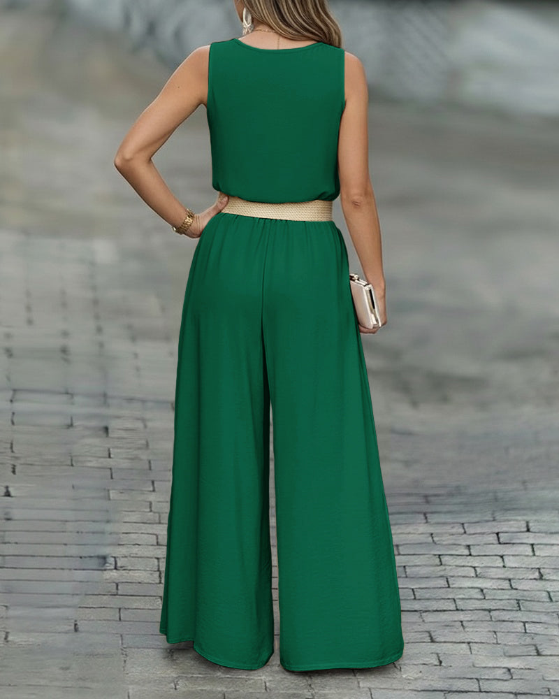 CHICME 2 Piece Outfits for Women Summer Sleeveless Twist Tank Top and Wide Leg Pant Sets Casual Travel Airport Outfits Flowy