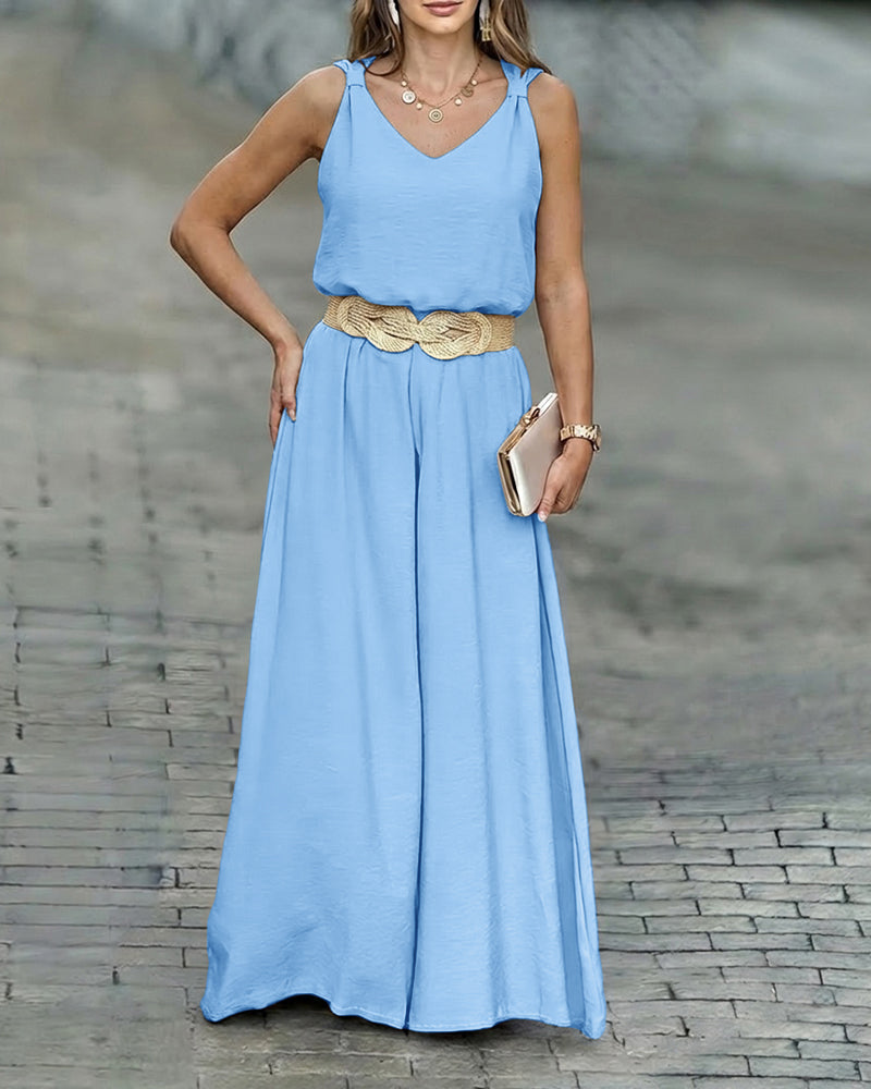 CHICME 2 Piece Outfits for Women Summer Sleeveless Twist Tank Top and Wide Leg Pant Sets Casual Travel Airport Outfits Flowy
