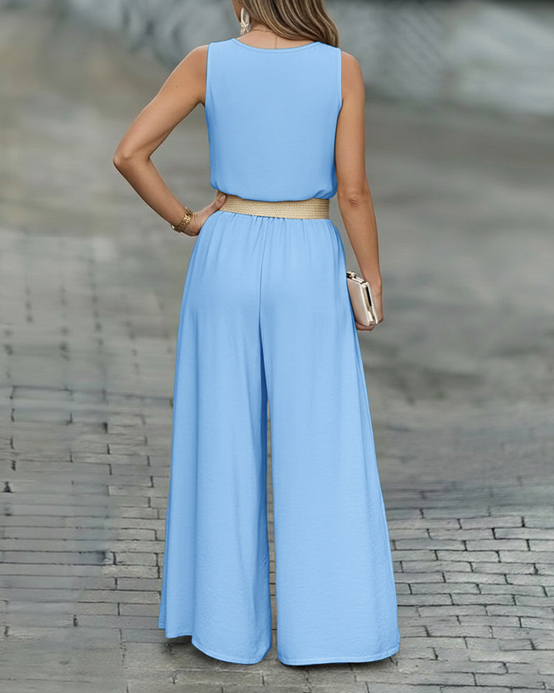 CHICME 2 Piece Outfits for Women Summer Sleeveless Twist Tank Top and Wide Leg Pant Sets Casual Travel Airport Outfits Flowy