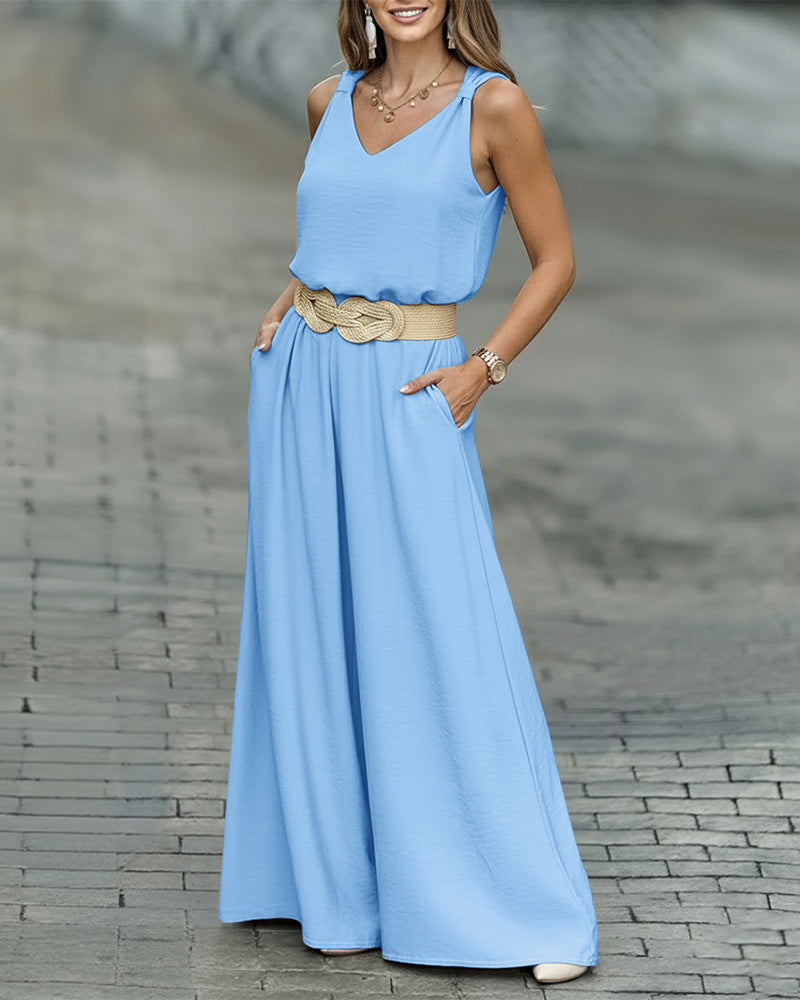 CHICME 2 Piece Outfits for Women Summer Sleeveless Twist Tank Top and Wide Leg Pant Sets Casual Travel Airport Outfits Flowy