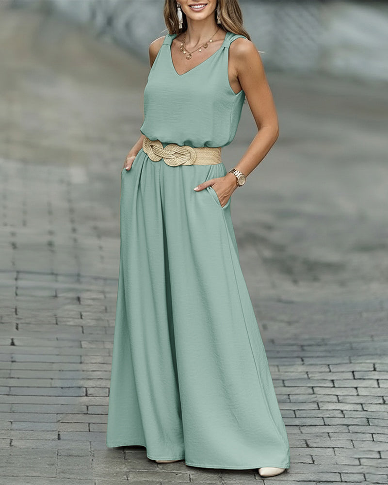 CHICME 2 Piece Outfits for Women Summer Sleeveless Twist Tank Top and Wide Leg Pant Sets Casual Travel Airport Outfits Flowy