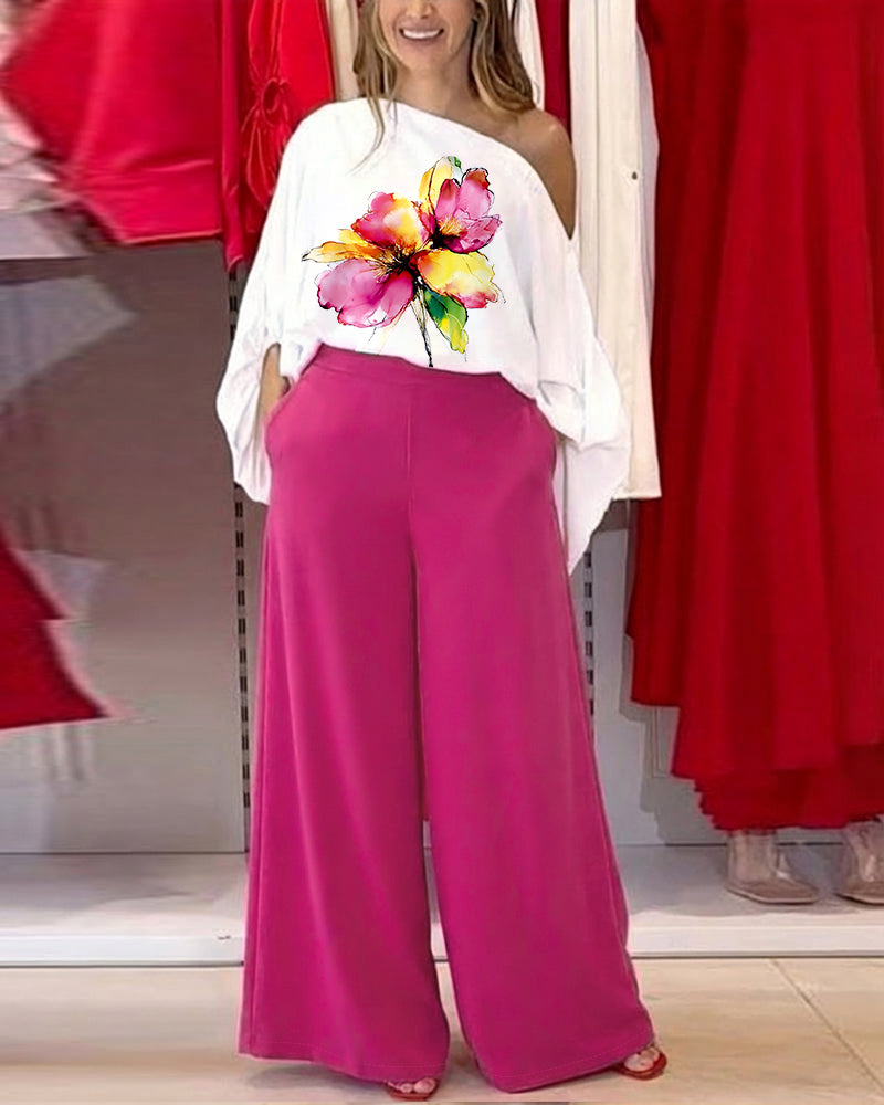 CHICME Women Summer 2 Piece Outfits Off Shoulder Top Flowy Wide Leg Pants Set