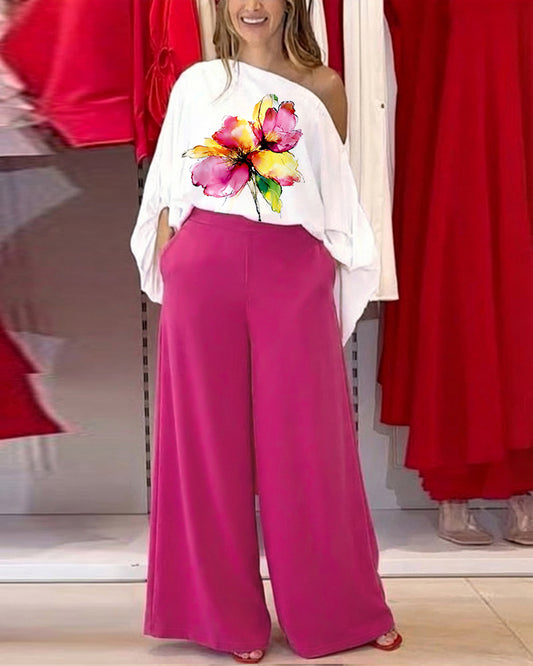 CHICME Women Summer 2 Piece Outfits Off Shoulder Top Flowy Wide Leg Pants Set