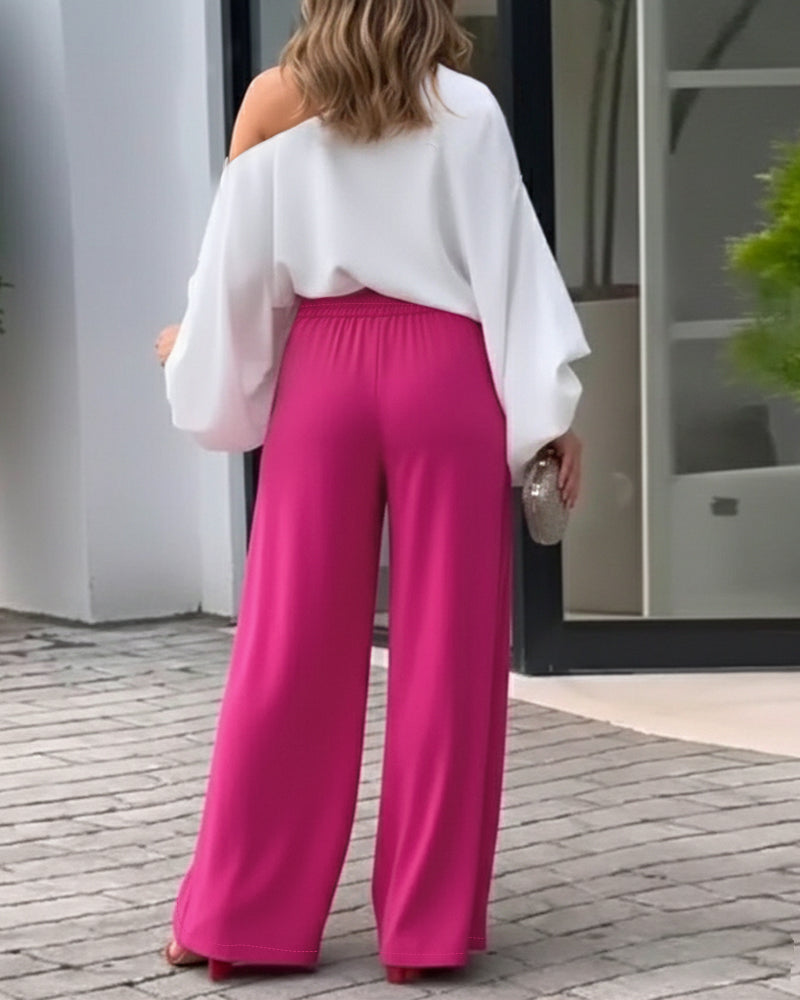 CHICME Women Summer 2 Piece Outfits Off Shoulder Top Flowy Wide Leg Pants Set