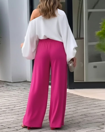 CHICME Women Summer 2 Piece Outfits Off Shoulder Top Flowy Wide Leg Pants Set