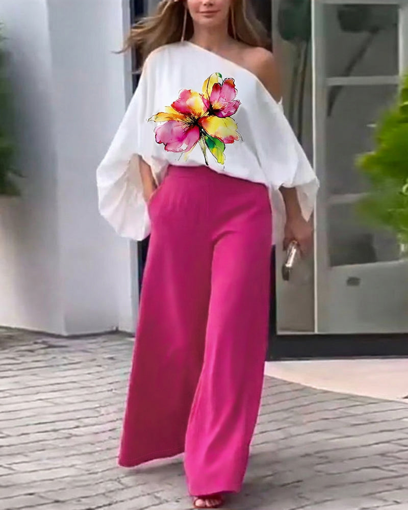 CHICME Women Summer 2 Piece Outfits Off Shoulder Top Flowy Wide Leg Pants Set