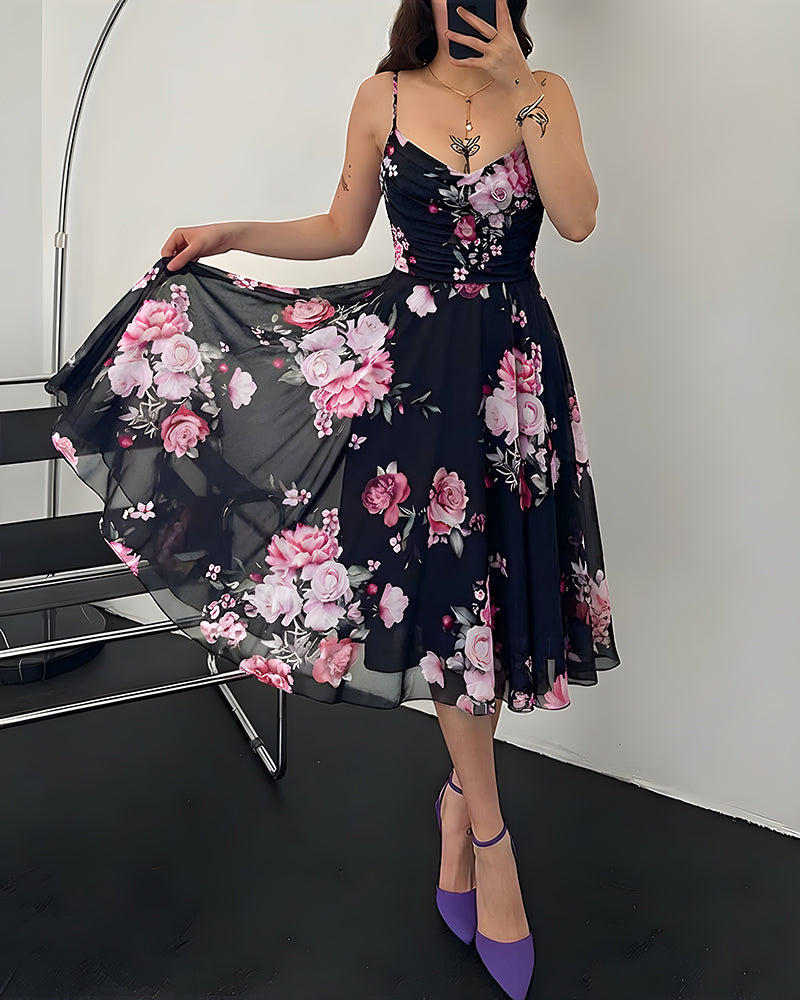 CHICME Womens Cowl Neck Adjustable Strap Floral Mesh Midi Dress