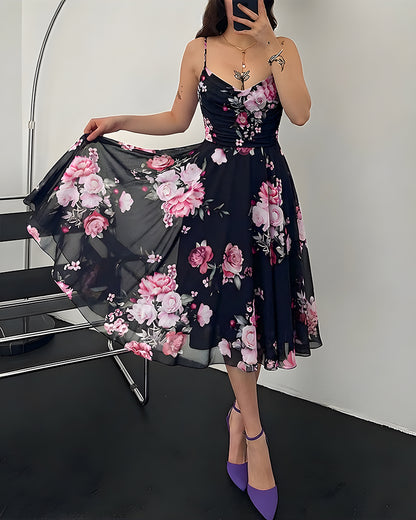 CHICME Womens Cowl Neck Adjustable Strap Floral Mesh Midi Dress
