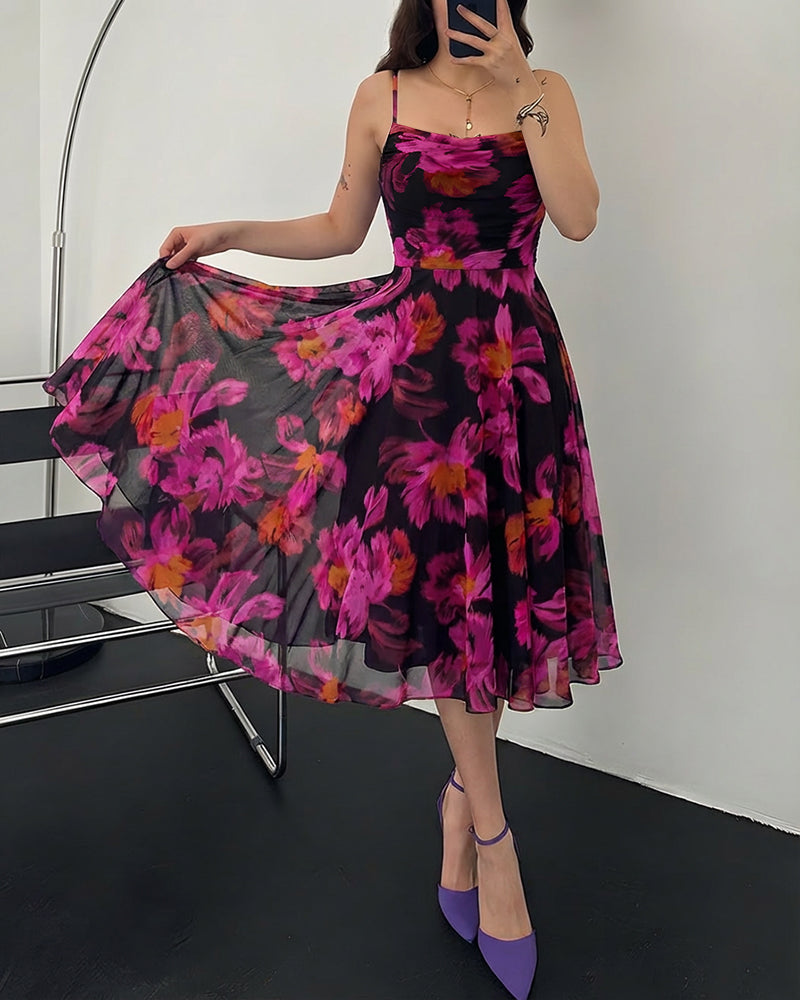 CHICME Womens Floral Mesh Midi Dress