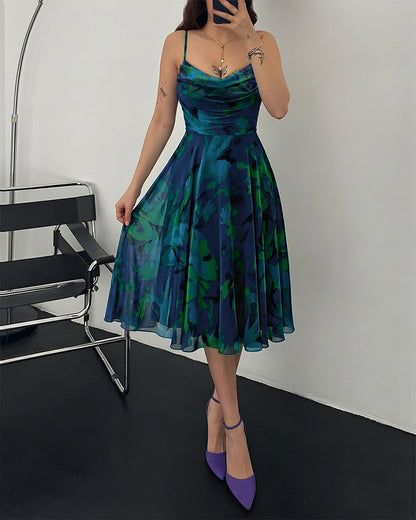 CHICME Womens Floral Mesh Midi Dress 2026 Summer Cowl Neck Adjustable Strap A Line Cinched Zipper Back Cocktail Party Dress