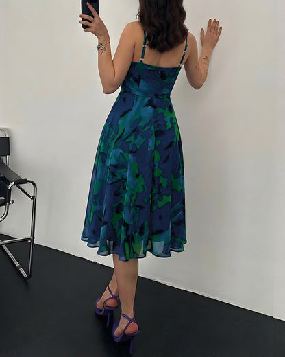 CHICME Womens Floral Mesh Midi Dress 2026 Summer Cowl Neck Adjustable Strap A Line Cinched Zipper Back Cocktail Party Dress