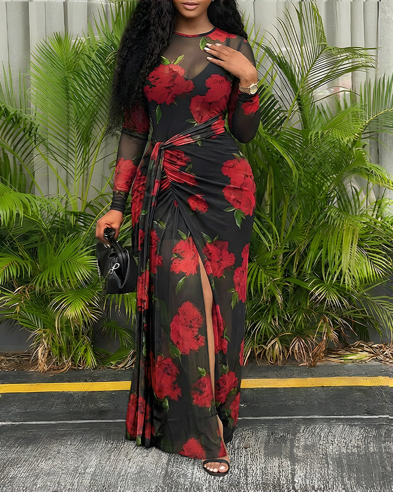 CHICME Womens Maxi Dresses 2 Piece Floral Mesh Set Sheer Long Sleeve Cover Up Mini Slip Spring Break Outfits