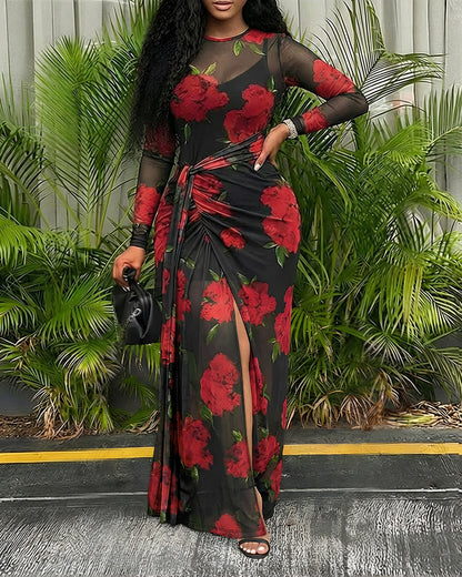 CHICME Womens Maxi Dresses 2 Piece Floral Mesh Set Sheer Long Sleeve Cover Up Mini Slip Spring Break Outfits