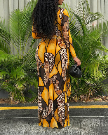 CHICME Womens 2 Piece Dress Sets Long Sleeve Tie Waist Slit Sheer Mesh Maxi Dress