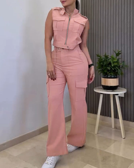CHICME Women's Summer 2 Piece Outfits Zipper Front Crop Tank Wide Leg Cargo Pants Lounges Set Casual Travel Vacation Outfits
