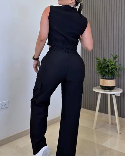 CHICME Women's Summer 2 Piece Outfits Zipper Front Crop Tank Wide Leg Cargo Pants Lounges Set Casual Travel Vacation Outfits