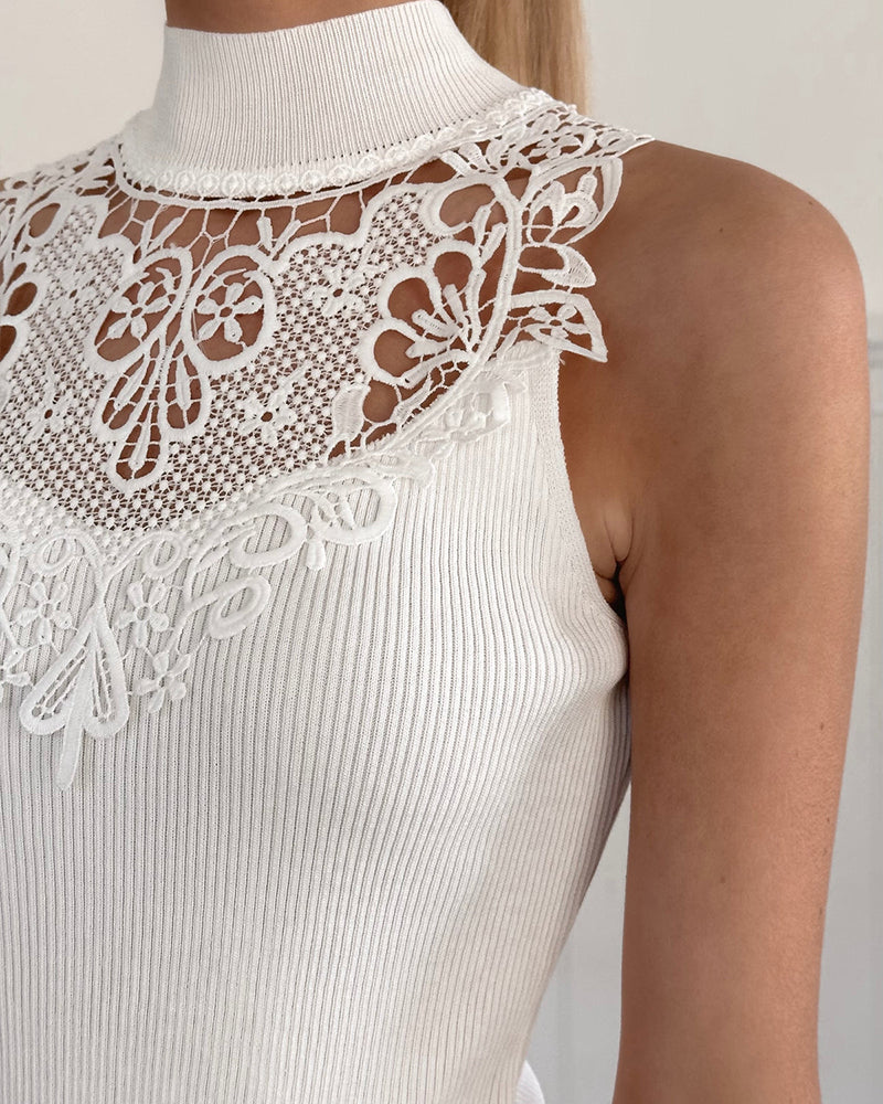 CHICME Women's Sleeveless Lace Mock Neck Ribbed Knit Tank Top