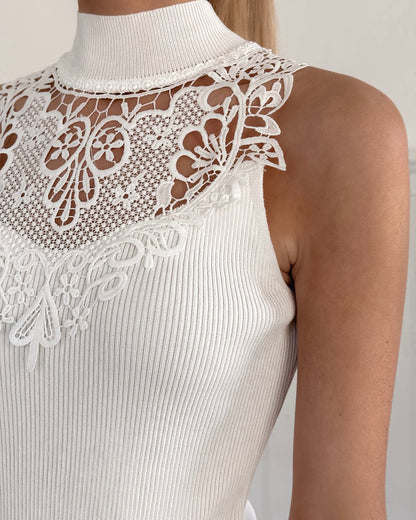 CHICME Women's Sleeveless Lace Mock Neck Ribbed Knit Tank Top