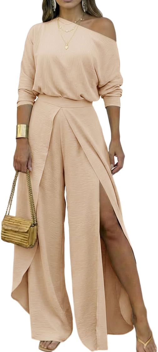 VERONICAFREUND Women Summer 2 Piece Outfits Off Shoulder Batwing Sleeve Top Flowy Slit Wide Leg Pants Sets
