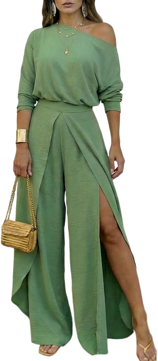 VERONICAFREUND Women Summer 2 Piece Outfits Off Shoulder Batwing Sleeve Top Flowy Slit Wide Leg Pants Sets