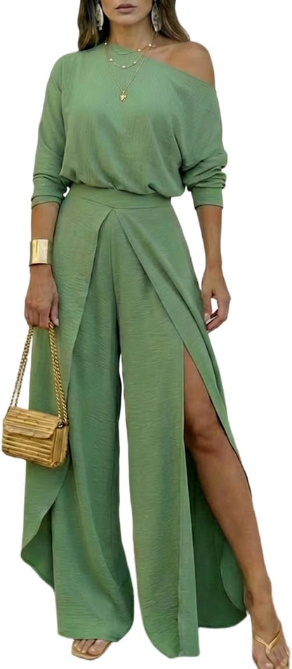 VERONICAFREUND Women Summer 2 Piece Outfits Off Shoulder Batwing Sleeve Top Flowy Slit Wide Leg Pants Sets