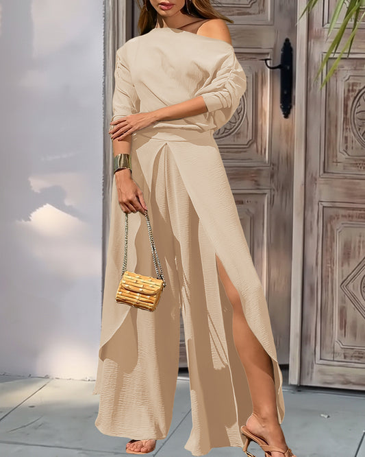 VERONICAFREUND Women Summer 2 Piece Outfits Off Shoulder Batwing Sleeve Top Flowy Slit Wide Leg Pants Sets