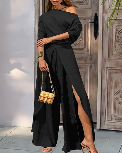 VERONICAFREUND Women Summer 2 Piece Outfits Off Shoulder Batwing Sleeve Top Flowy Slit Wide Leg Pants Sets