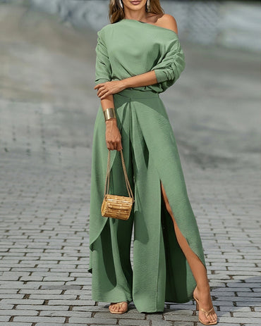 CHICME Women Summer 2 Piece Outfits Off Shoulder Batwing Sleeve Top Flowy Slit Wide Leg Pants Sets (Copy)