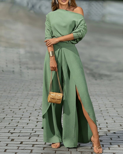 VERONICAFREUND Women Summer 2 Piece Outfits Off Shoulder Batwing Sleeve Top Flowy Slit Wide Leg Pants Sets