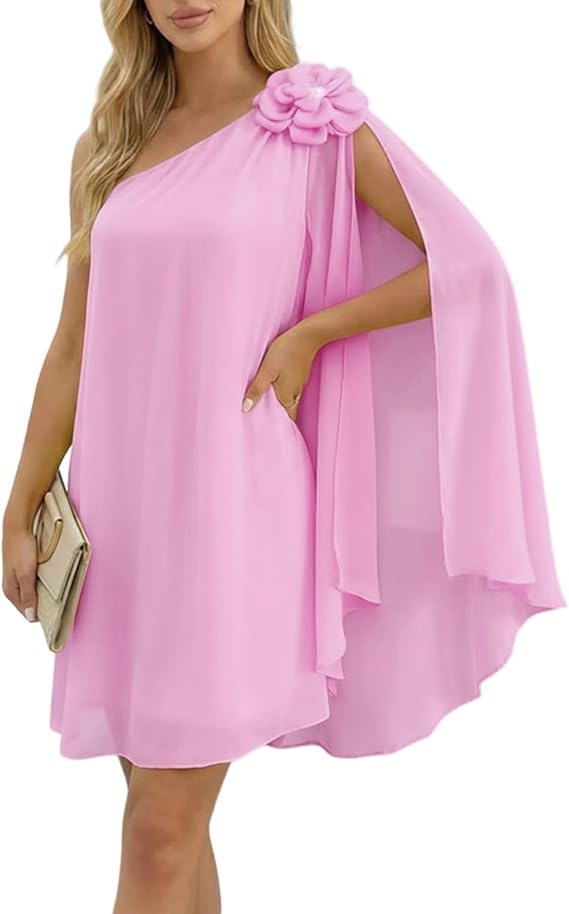 Jharna_Fashionedits Womens Summer Mini Dress One Shoulder Chiffon Spring Dress with 3D Flower