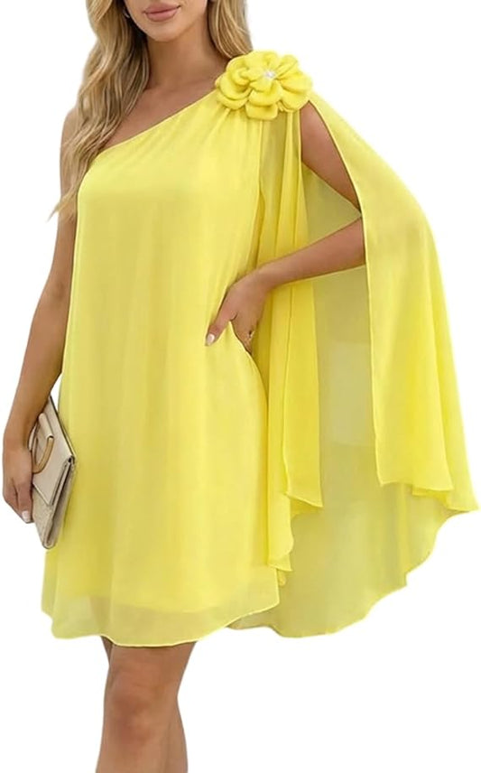 Ck1morris122 Womens Summer Mini Dress One Shoulder Chiffon Spring Dress