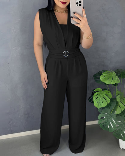CHICME Women's Casual Jumpsuit V Neck Sleeveless Lace-Up Elastic Back Waist Shirred Wide Leg Romper with Bandeau Top