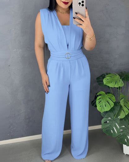 CHICME Women's Casual Jumpsuit V Neck Sleeveless Lace-Up Elastic Back Waist Shirred Wide Leg Romper with Bandeau Top