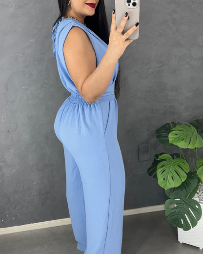 CHICME Women's Casual Jumpsuit V Neck Sleeveless Lace-Up Elastic Back Waist Shirred Wide Leg Romper with Bandeau Top
