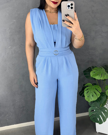 CHICME Women's Casual Jumpsuit V Neck Sleeveless Lace-Up Elastic Back Waist Shirred Wide Leg Romper with Bandeau Top