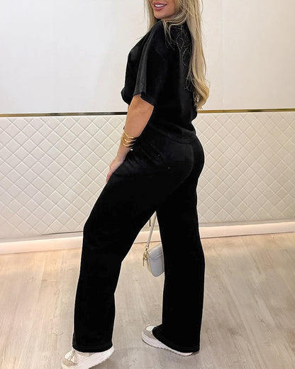 CHICME Women's 2 Piece Outfits Drawstring Elastic Waist Wide Leg Pants Set