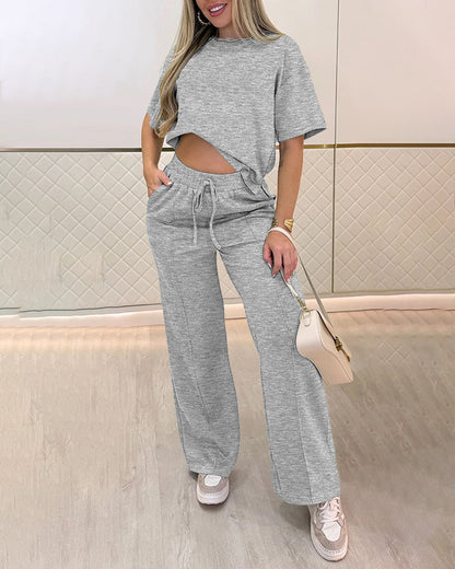 CHICME Women's 2 Piece Outfits Drawstring Elastic Waist Wide Leg Pants Set