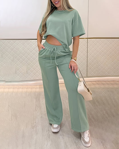 CHICME Women's 2 Piece Outfits Drawstring Elastic Waist Wide Leg Pants Set