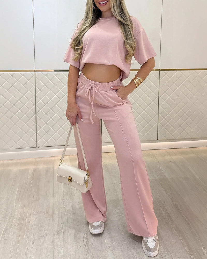 CHICME Women's 2 Piece Outfits Drawstring Elastic Waist Wide Leg Pants Set
