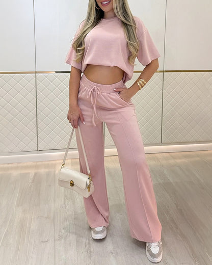 CHICME Women's 2 Piece Outfits Drawstring Elastic Waist Wide Leg Pants Set