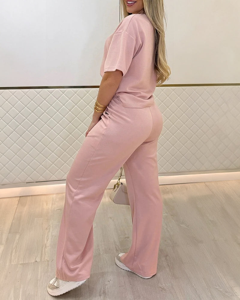 CHICME Women's 2 Piece Outfits Drawstring Elastic Waist Wide Leg Pants Set