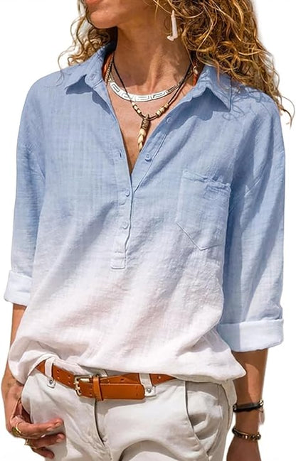 CHICME Women's Button Down Long Sleeve Shirts Casual Ombre Blouse with Pocket Summer Tops