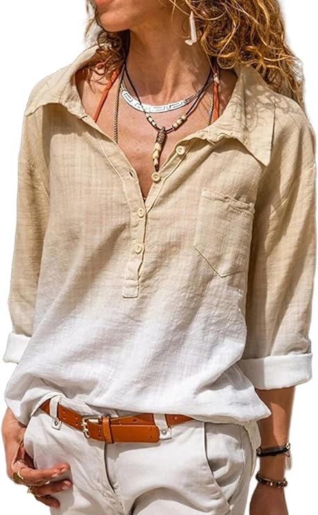CHICME Women's Button Down Long Sleeve Shirts Casual Ombre Blouse with Pocket Summer Tops