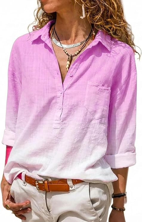 CHICME Women's Button Down Long Sleeve Shirts Casual Ombre Blouse with Pocket Summer Tops