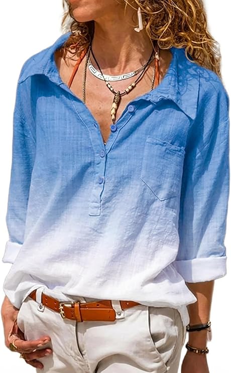 CHICME Women's Button Down Long Sleeve Shirts Casual Ombre Blouse with Pocket Summer Tops