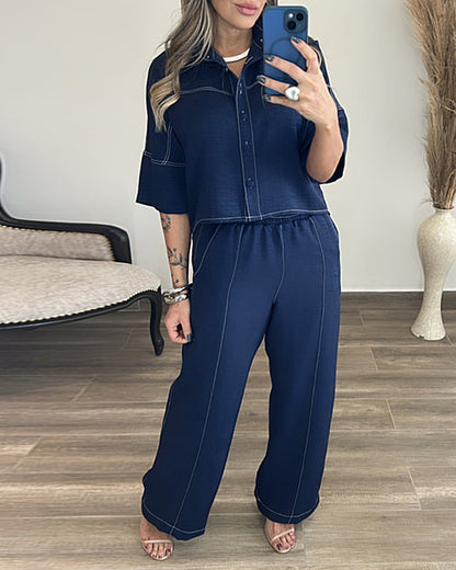 CHICME Women’s 2 Piece Outfit Half Sleeve Button Down Top and Wide Leg Pants Set