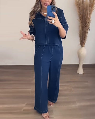 Adventuresoflilred  Women’s 2 Piece Outfit Half Sleeve Button Down Top and Wide Leg Pants Set