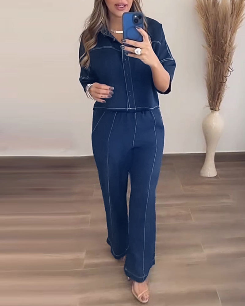 CHICME Women’s 2 Piece Outfit Half Sleeve Button Down Top and Wide Leg Pants Set